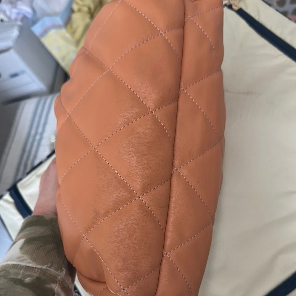 Quilted Tan Shoulder Bag Vegan Leather Slouchy Handbag Pouch Purse